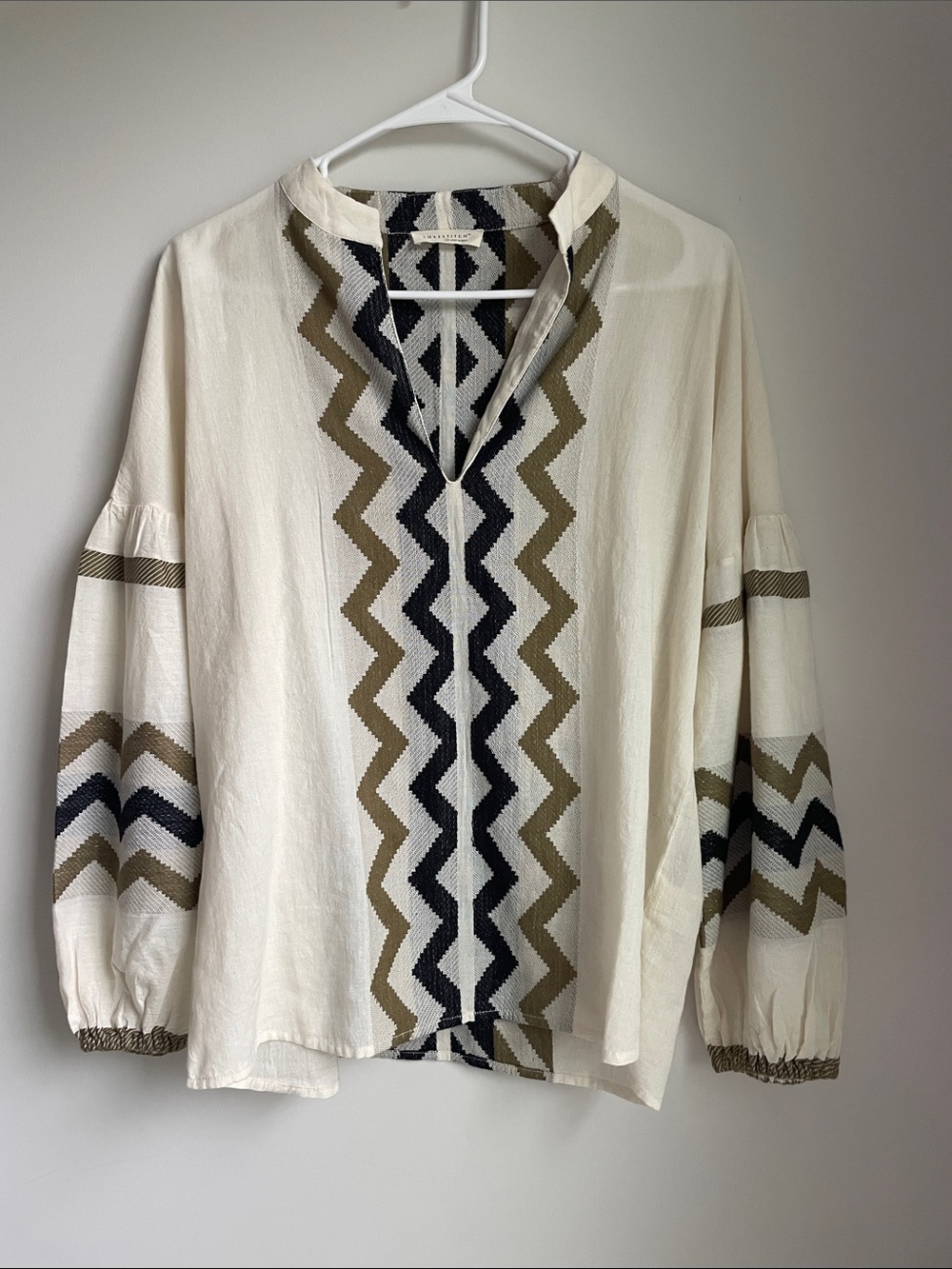 Boho Peasant Blouse in Cream with Olive & Black Zigzag